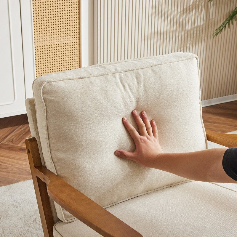 Upholstered Linen Blend Accent Chair with Wooden Legs and One Pillow Beige