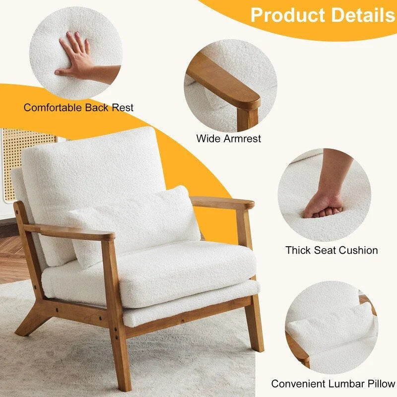 Upholstered Linen Blend Accent Chair with Wooden Legs and One Pillow Beige