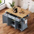 54 - Grande isola cucina con anta a ribalta in legno di gomma, carrello da cucina scorrevole con texture in rilievo su 4 ruote con 4 ante e 3 cassetti