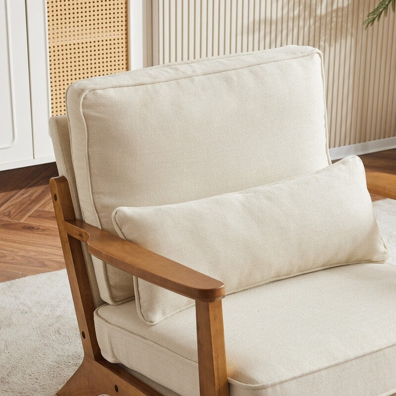 Upholstered Linen Blend Accent Chair with Wooden Legs and One Pillow Beige