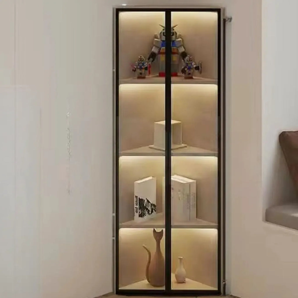 Modern Grey Metal Wood Corner Display Cabinet with Glass Door