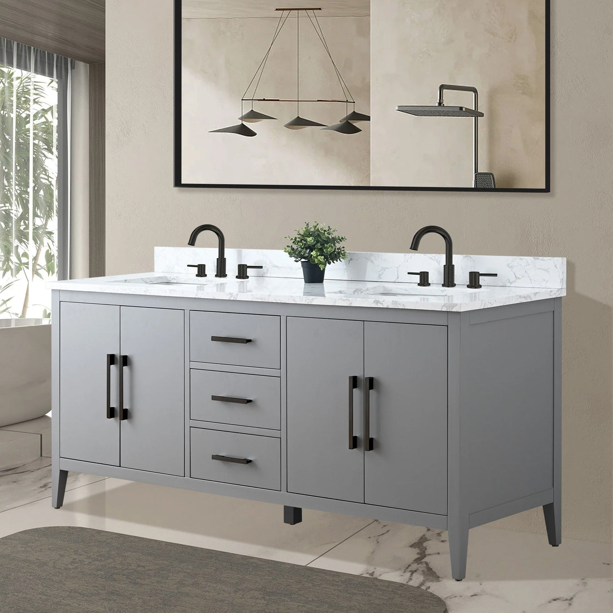 Vanity Art 72 Double Sink Bathroom Vanity Cabinet with Engineered Marble Top