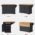 54 - Grande isola cucina con anta a ribalta in legno di gomma, carrello da cucina scorrevole con texture in rilievo su 4 ruote con 4 ante e 3 cassetti